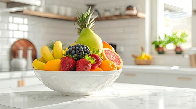 Still life of fresh fruits in a deep bowl on the kitchen counter. Selective focus. Healthy eating concept