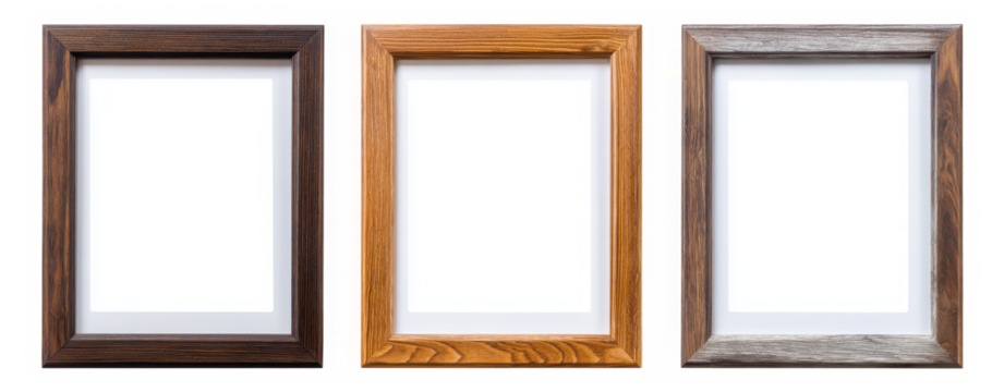 Display your memories with these three elegant wooden frames for a modern gallery wall isolated on a transparent background