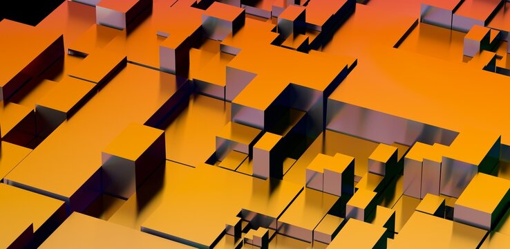 Abstract 3D rendered background of geometric shapes in golden and silver colors with shadows. Perfect for a modern, tech-related design project,