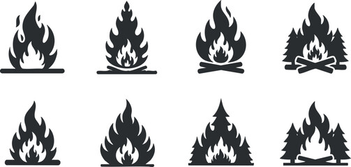 Obraz premium Collection of minimalist black vector illustrations depicting various flame and campfire designs for outdoor and camping themes
