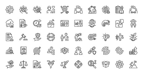 Business and corporate strategy line icon set. Vector pictograms of gear, people, analysis, contract, and law, thin linear illustration.