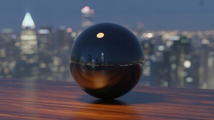 Urban city panorama at night reflected in a shiny glass sphere