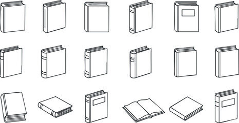 Outline vector icon set featuring various book designs for educational and literary projects.