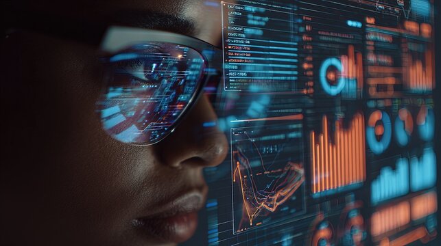 Person using AR glasses displaying AI analytics futuristic control room holographic charts and code streams detailed reflections