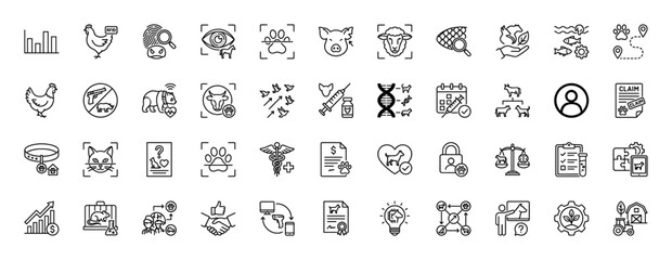 Veterinary medicine and livestock farming line icon set. Vector pictograms of animal care, identification, vaccination, and insurance claims, thin linear illustration.