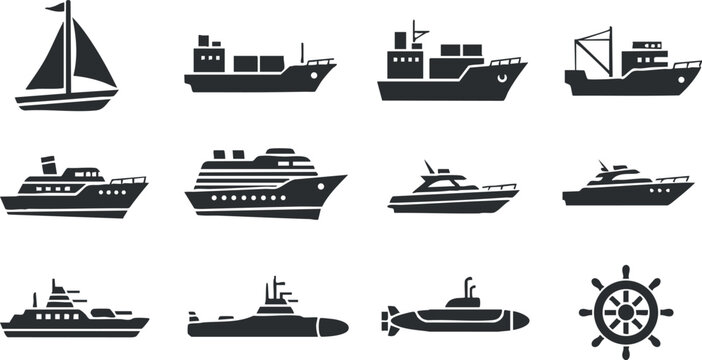 Collection of vector icons featuring various types of ships and boats in a minimalist style, ideal for marine-themed projects