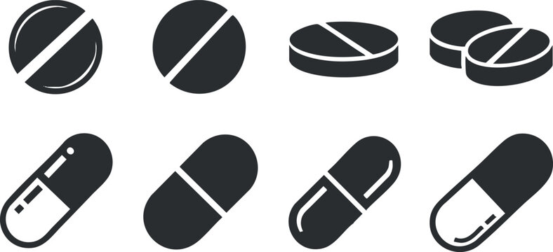 Set of black and white vector icons depicting various types of pills and capsules for healthcare and pharmaceutical design.