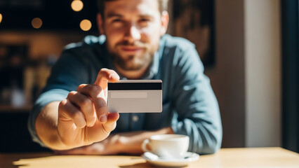 A man holds a credit card towards the viewer, sitting at a table.