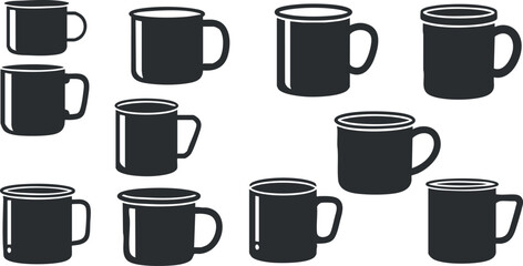 Obraz premium Stylish black and white vector icon set featuring various mug designs for beverage branding and design projects