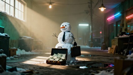 Snowman with Briefcase Full of Money in Dark Alley