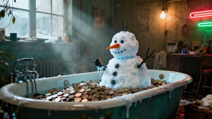 Snowman Sitting in Bathtub Filled with Coins