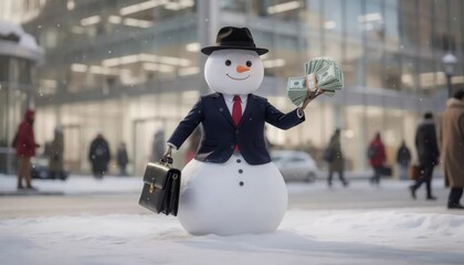 Business Snowman Holding Money in Winter City