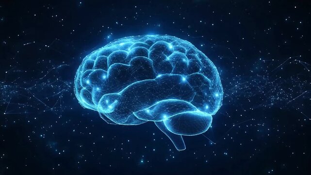 Animated brain in a connected wireframe poly line animation. An abstract representation of the human brain using interconnected lines and dots over a dark background. Science and medicine concept.