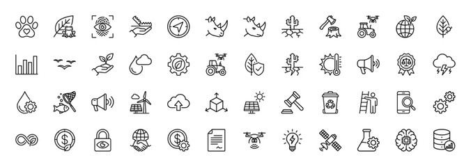 Ecology and environment thin line icon set. Vector pictograms of renewable energy, climate change, nature protection, and sustainable development, thin linear illustration.