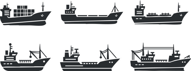 Obraz premium Collection of six minimalist black and white vector illustrations of various ships for maritime and logistics design projects