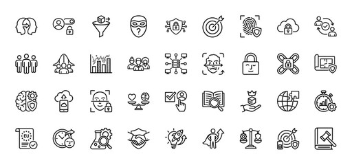 Cyber security and personal data protection line icon set. Vector pictograms of fingerprint, target, lock, and face scan, thin linear illustration.