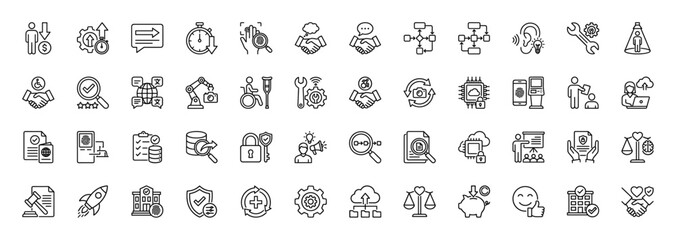 Business and technology line icon set. Vector pictograms of handshake, gear, data, finance, and security, thin linear illustration.