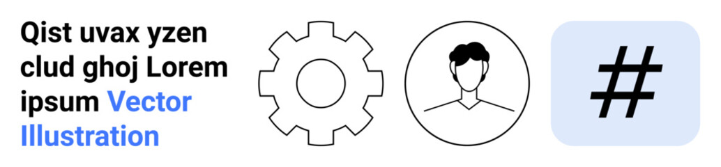 Gear, user profile, and metadata tag symbolize technology, networking, communication, digital tools, social media, identity. Ideal for teamwork collaboration online profile interface software UX