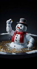 Snowman Sitting in a Pool of Coins Holding a Gold Coin