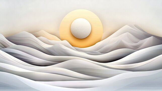 An abstract landscape illustration featuring stylized mountains and a sun, rendered in soft, neutral colors, creating a serene and minimalist aesthetic.
