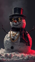 Gangster Snowman with Gold Chains in Dramatic Winter Scene