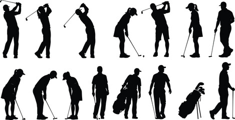 Collection of silhouette icons depicting various male and female golfer swing poses