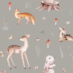 Watercolor Woodland animals seamless pattern. Fabric wallpaper forest with baby deer. Owl, fox and butterfly, Bunny rabbit set of forest, bear and bird baby animal Nursery