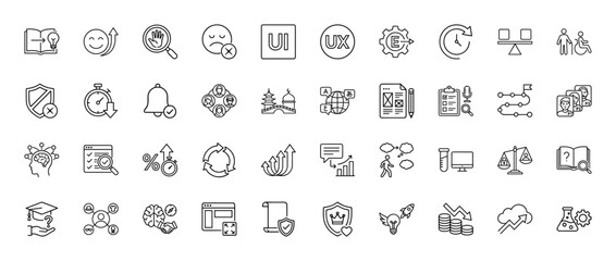 Business and education line icon set. Vector pictograms of UI, UX, growth, shield, learning, and analysis, thin linear illustration.