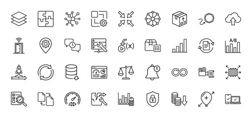 Business and technology line icon set. Vector pictograms of data layers, puzzle, optimization, scaling, analysis, and security, thin linear illustration.