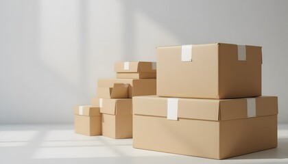 Fototapeta premium Minimalist close-up of neatly stacked cardboard shipping boxes on a clean white background.