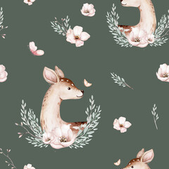 Watercolor Woodland animals seamless pattern. Fabric wallpaper forest with baby deer trees. bird baby animal Nursery backgrouns