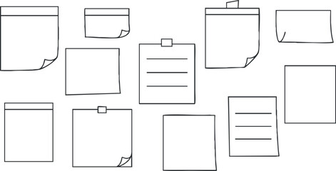Outline vector illustration of a collection of sticky notes and memos for office organization and planning purposes