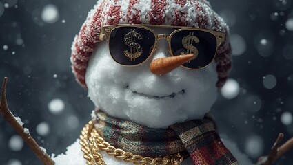 Cool Snowman with Dollar Sunglasses and Scarf in Snowfall