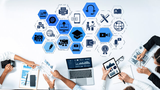 Online education icons show e-learning, online education classes, and digital study. Online education enables global online education access, flexible learning. Entice