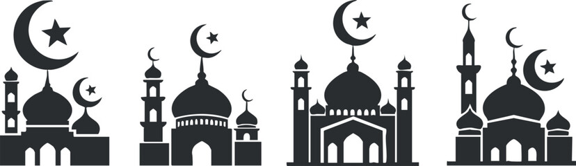 Silhouette vector icon set showing various mosque designs with crescent moon and star symbols for cultural and religious themes