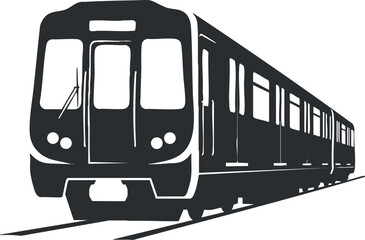 Minimalist black and white vector illustration of a modern subway train on tracks for transportation design projects