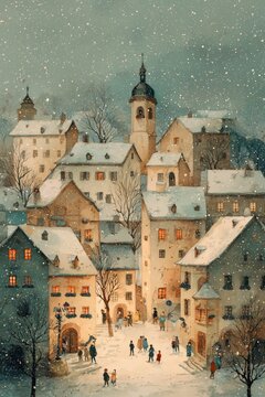 Whimsical winter town with pastel houses, starry sky and glowing Christmas decorations