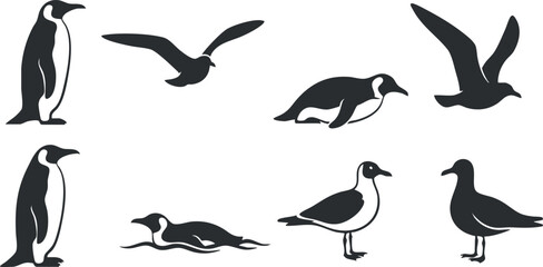 Fototapeta premium Silhouette vector icon set featuring various birds, including penguins and seagulls, in modern flat design style.