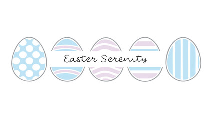 A line of five decorative easter eggs in pastel blue and purple with different patterns including polka dots stripes and waves with the text easter serenity in the middle