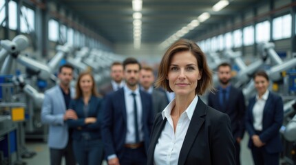 Obraz premium Supervisora ​​de fábrica que guía a una delegación de hombres y mujeres de negocios a través de una línea de fabricación robótica