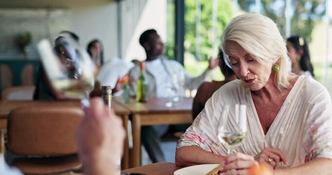 Happy, couple and wine in restaurant with conversation for anniversary date, connection and bonding. Mature, married people and laugh at lunch with alcohol beverage for commitment, loyalty and trust.