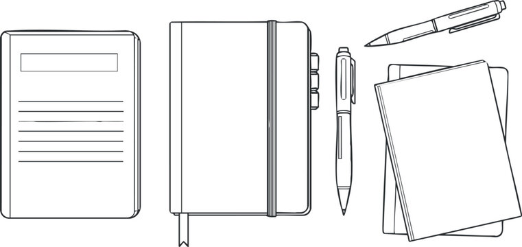 Minimalist black and white vector illustration of notebooks and pens for office and educational design projects