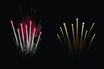 Firework trails bursting upward in bright colors.