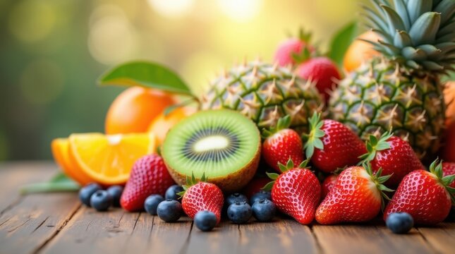 Surtido de frutas con fresas regordetas, kiwi peludo, pi&ntilde;a espinosa, peque&ntilde;os racimos de ar&aacute;ndanos y naranjas vibrantes