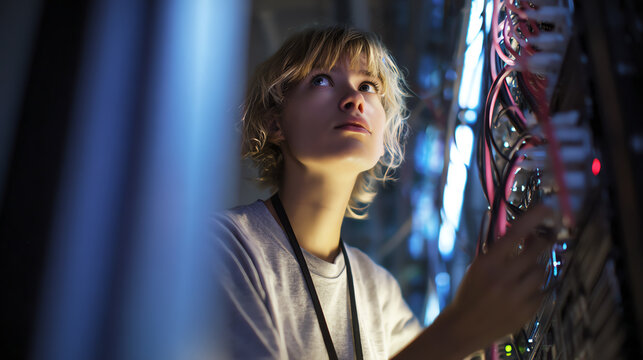 Young individual focused on connecting wires in a tech environment, showcasing curiosity and innovation.