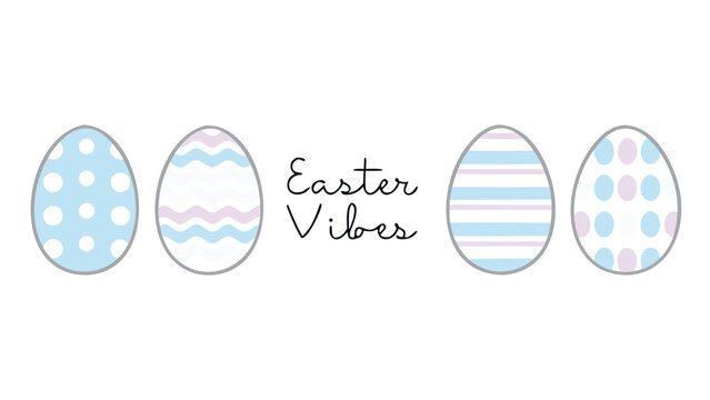 A row of four decorative easter eggs with pastel blue and purple patterns and the words easter vibes in script font on a white background