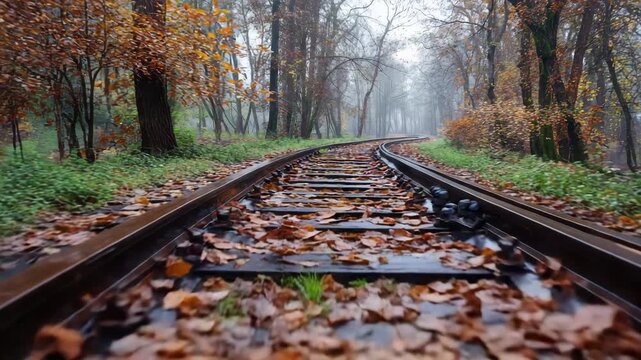 Autumnal Railway Tracks in Forest Leading into Misty Distance with Fallen Brown Leaves Under Soft Lighting and Green Undergrowth