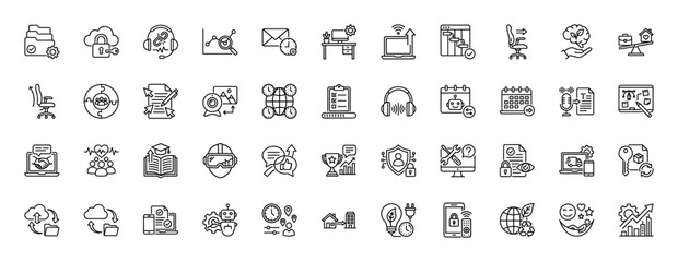 Business and productivity line icon set. Vector pictograms of computer, cloud, chart, clock, robot, gear, folder, calendar, and trophy, thin linear illustration.