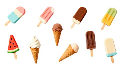 Ice Cream and Popsicle Set on Transparent Background