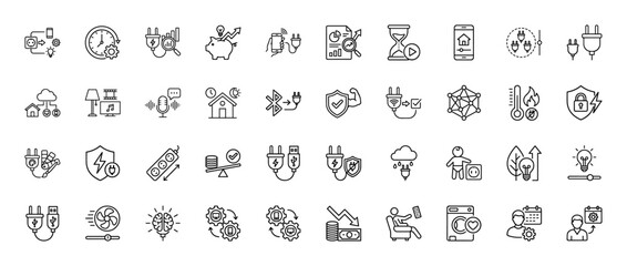Smart home and energy efficiency line icon set. Vector pictograms of electricity consumption, settings, and automation, thin linear illustration.